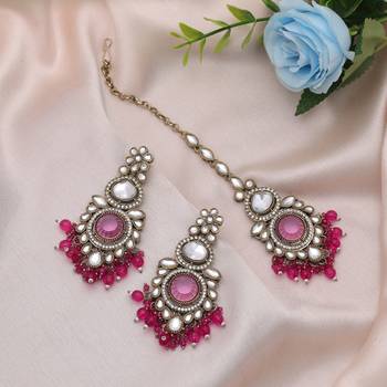 Rani color kundan earrings tikka set 2