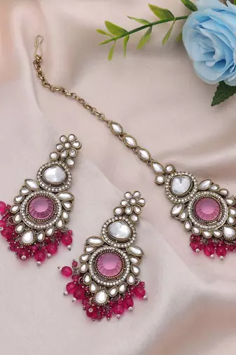 Rani color kundan earrings tikka set