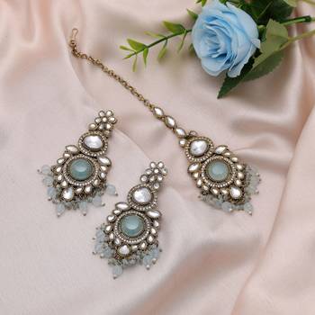 Sky blue color kundan earrings tikka set 2