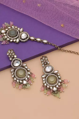 Pista green & pink color kundan earrings tikka set