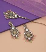 Pista green & pink color kundan earrings tikka set