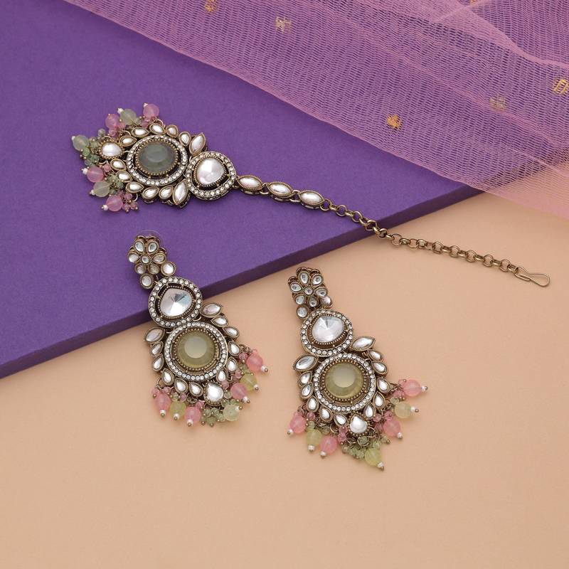 Pista green & pink color kundan earrings tikka set