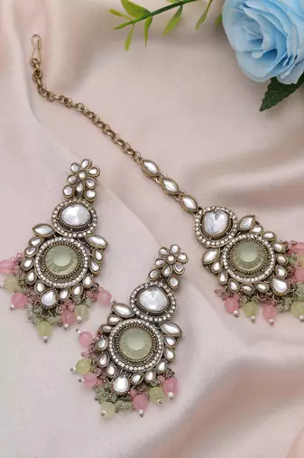 Pista green & pink color kundan earrings tikka set