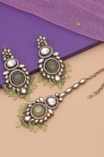 Pista green color kundan earrings tikka set