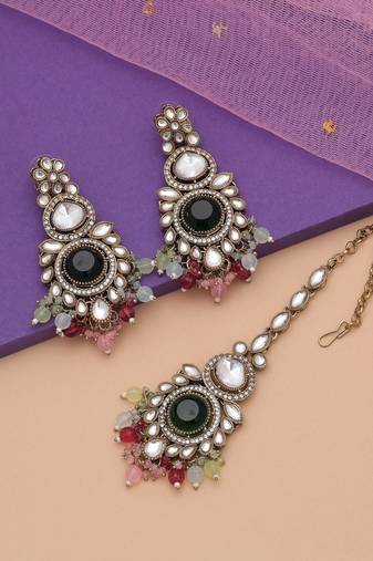 Multi color kundan earrings tikka set