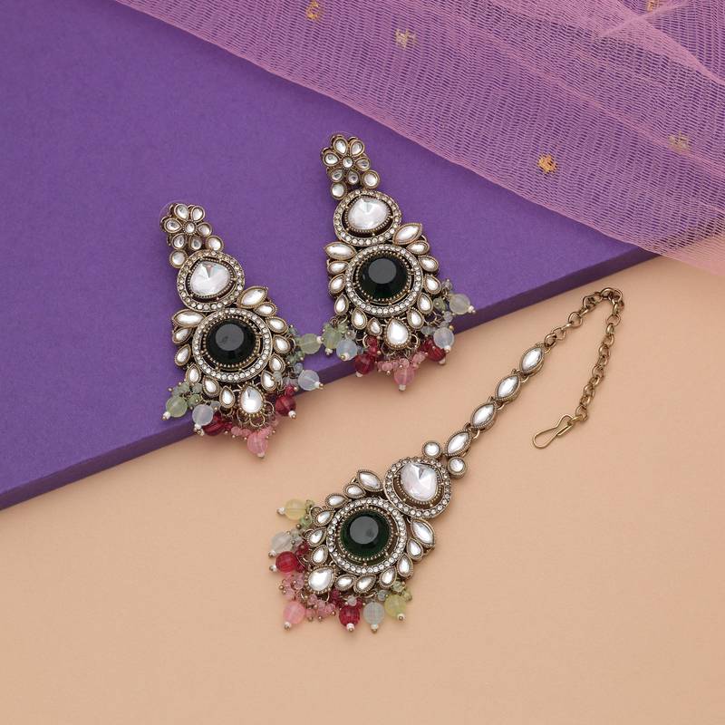 Multi color kundan earrings tikka set