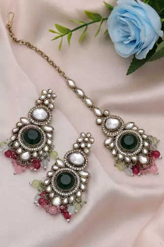 Multi color kundan earrings tikka set