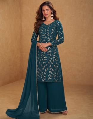 Teal ready to wear georgette sharara suit with sequins work 1