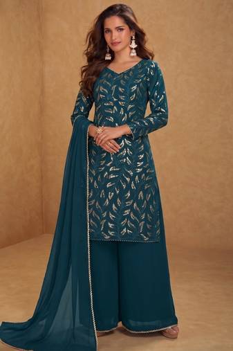 Teal ready to wear georgette sharara suit with sequins work