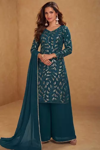 Teal ready to wear georgette sharara suit with sequins work