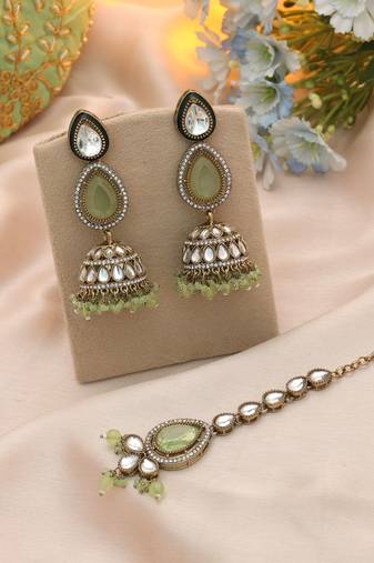 Pista green color kundan earrings tikka set