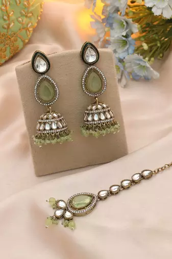 Pista green color kundan earrings tikka set