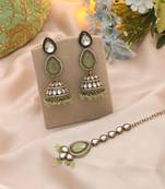 Pista green color kundan earrings tikka set