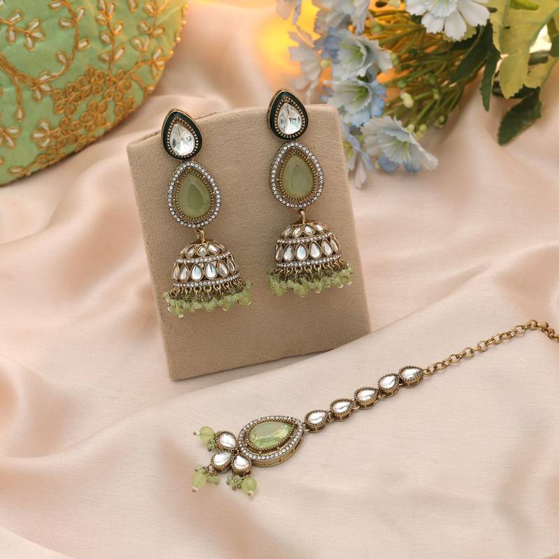 Pista green color kundan earrings tikka set