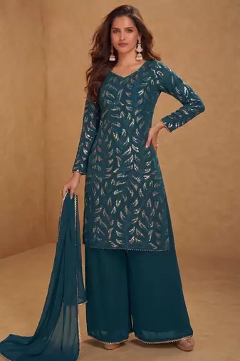 Teal ready to wear georgette sharara suit with sequins work