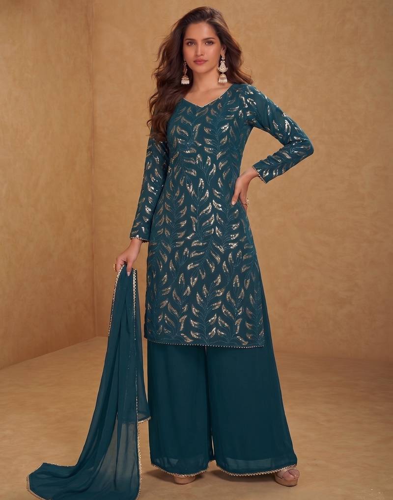 Teal ready to wear georgette sharara suit with sequins work