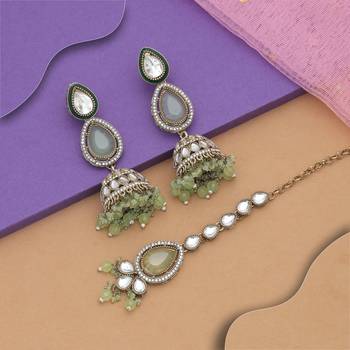 Pista green color kundan earrings tikka set 2