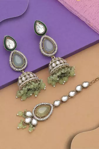 Pista green color kundan earrings tikka set