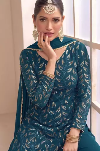 Teal ready to wear georgette sharara suit with sequins work