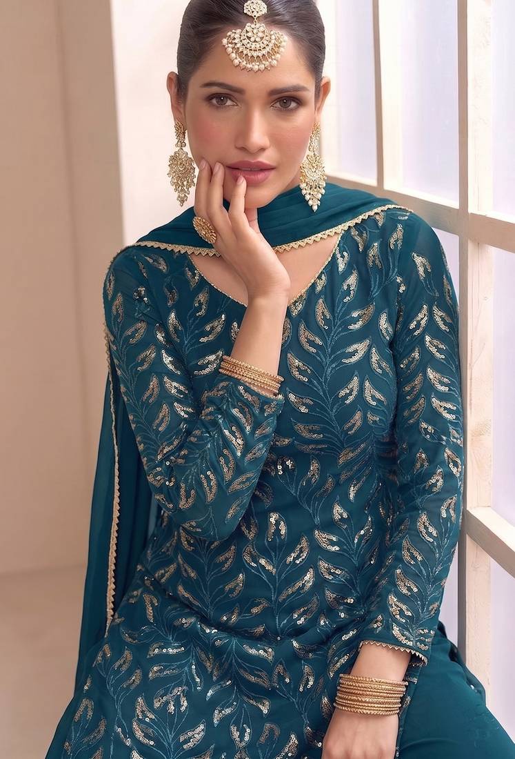 Teal ready to wear georgette sharara suit with sequins work