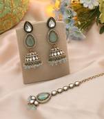 Sky blue color kundan earrings tikka set