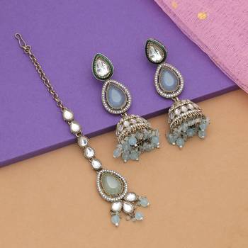 Sky blue color kundan earrings tikka set 2