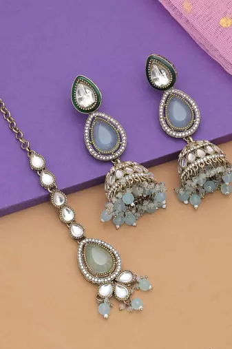 Sky blue color kundan earrings tikka set