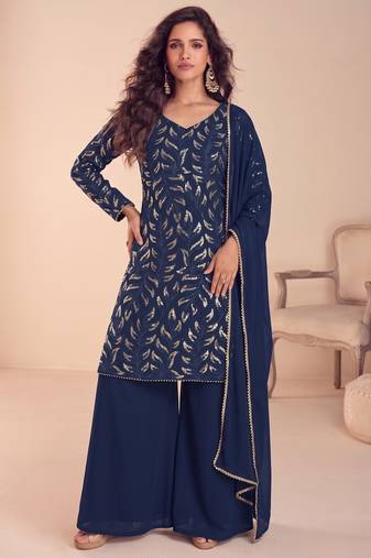 Blue ready to wear georgette sharara suit with sequins work