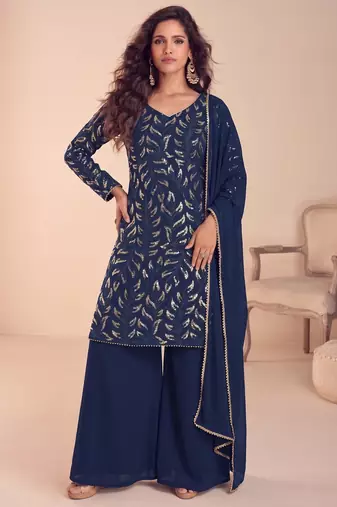 Blue ready to wear georgette sharara suit with sequins work