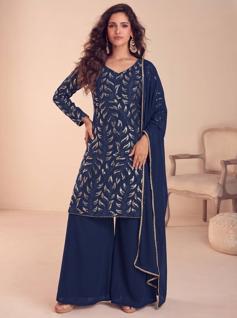 Blue ready to wear georgette sharara suit with sequins work