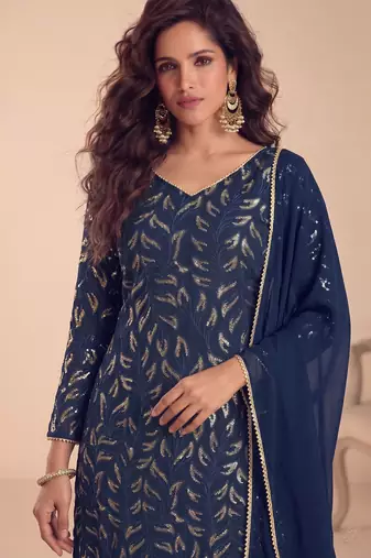Blue ready to wear georgette sharara suit with sequins work