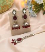 Maroon color kundan earrings tikka set