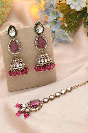 Rani color kundan earrings tikka set