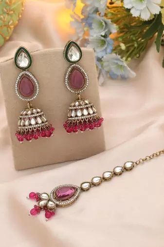 Rani color kundan earrings tikka set