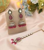 Rani color kundan earrings tikka set