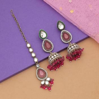 Rani color kundan earrings tikka set 2