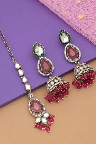 Rani color kundan earrings tikka set