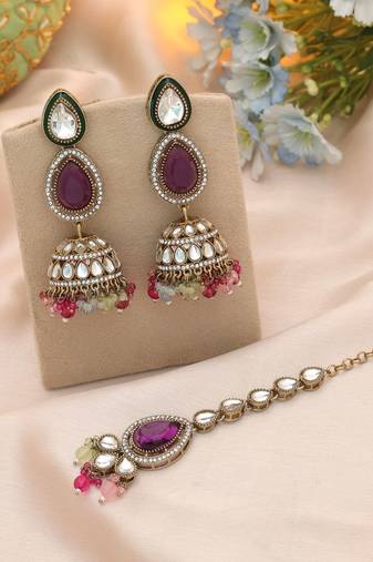 Multi color kundan earrings tikka set