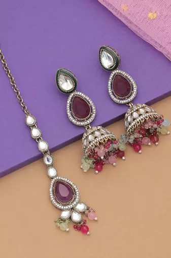 Multi color kundan earrings tikka set