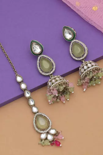 Multi color kundan earrings tikka set