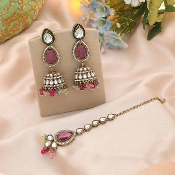 Multi color kundan earrings tikka set 1