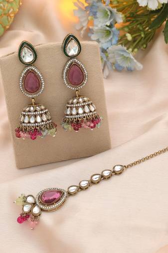 Multi color kundan earrings tikka set