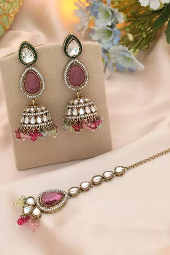 Multi color kundan earrings tikka set