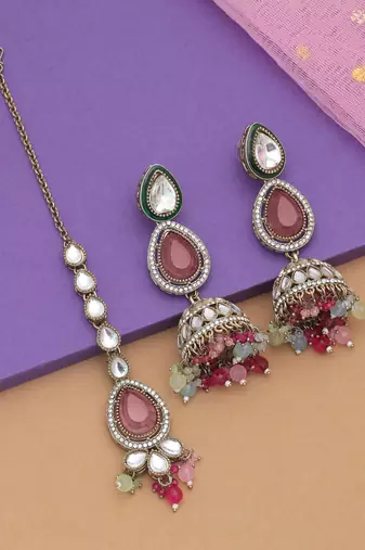 Multi color kundan earrings tikka set