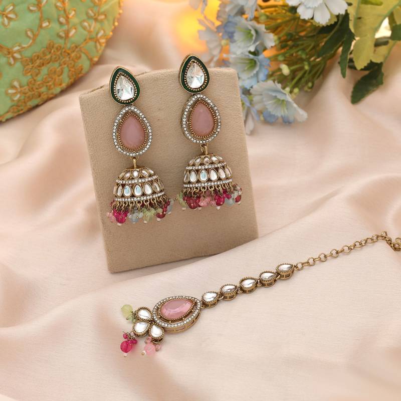 Multi color kundan earrings tikka set