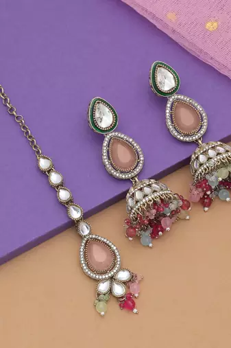 Multi color kundan earrings tikka set