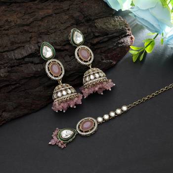 Light pink color kundan earrings tikka set 1