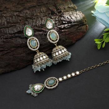 Sky blue color kundan earrings tikka set 1