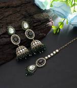 Green color kundan earrings tikka set