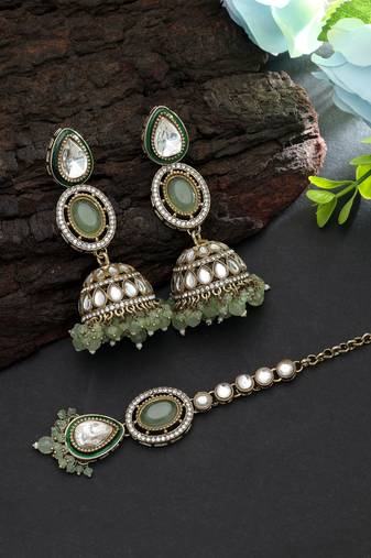 Pista green color kundan earrings tikka set